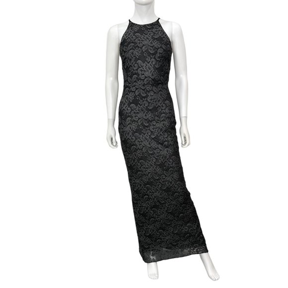 Belle Badgley Mischka Lace Overlay Back Slit Shimmer Maxi Dress Gown Black Sz 4 - Picture 2 of 16